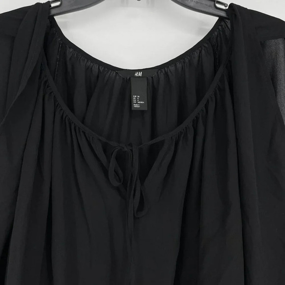 H&M Blouse Women's 4 Black Sheer Keyhole Round Neck Front Tie Split Long Sleeves - Picture 5 of 7